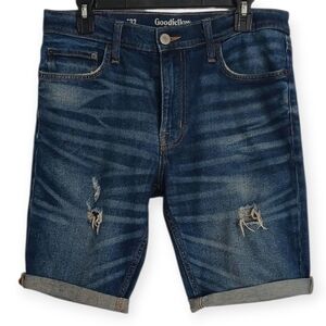 GOODFELLOW & CO MEN'S  BLUE JEAN  SHORTS TOTAL FLEX SLIM DESTRESSED. SIZE W32